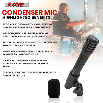 5 CORE Professional Instrument Microphone Pencil Mic Condenser Cardioid Unidirectional Stick Microfono with Windscreen Mic Clip & Case - INSTRU MIC 100 BLK