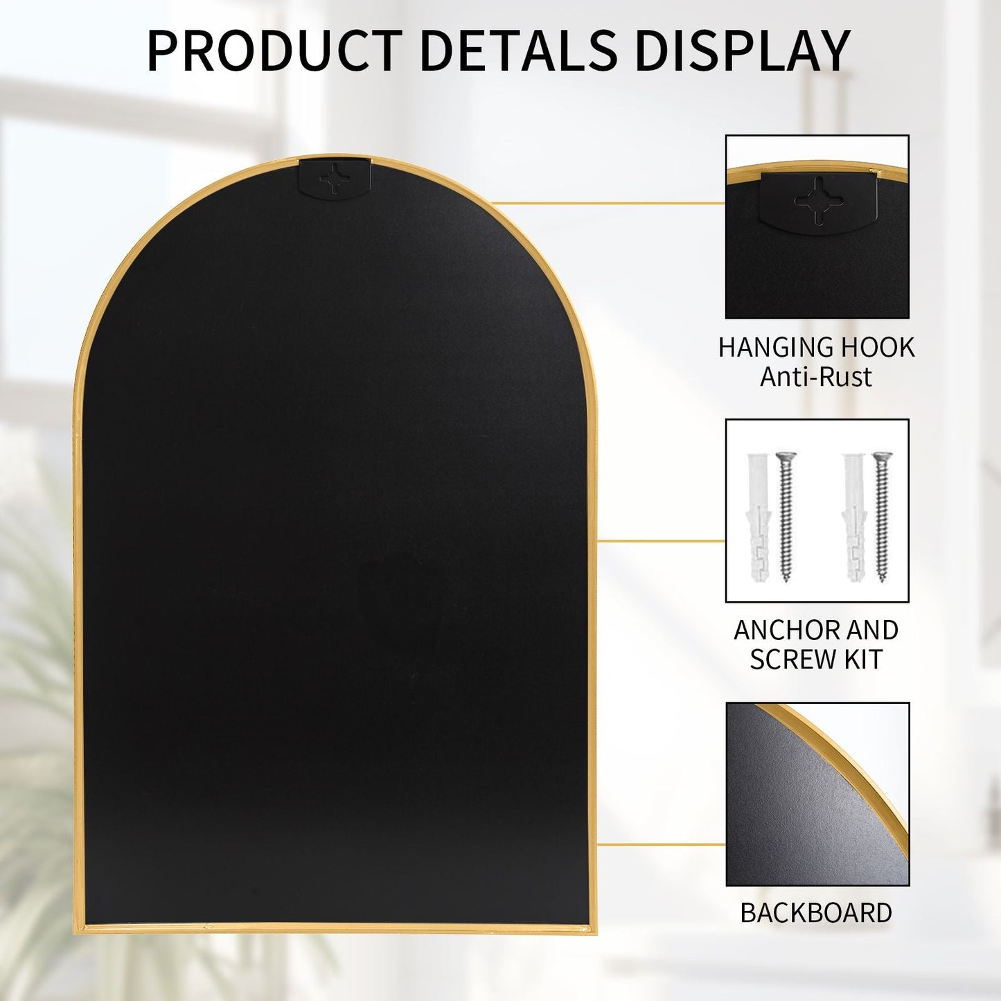 Arched Wall Mirror, 24"×36" Bathroom Mirror Deep Frame, Modern Dresser Mirror Wall Mounted Decor Metal Frame for Bedroom Living Room Entryway Fireplace Mantel Dining Room