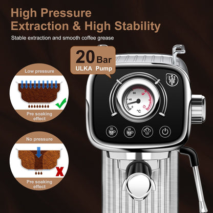 PlumChef Espresso Machine 20 Bar Professional Compact Household Coffee Espresso Maker with Milk Frother Steam Wand Temperature Gauge 34oz Water Tank Low Noise Coffee Machine for Latte Cappuccino