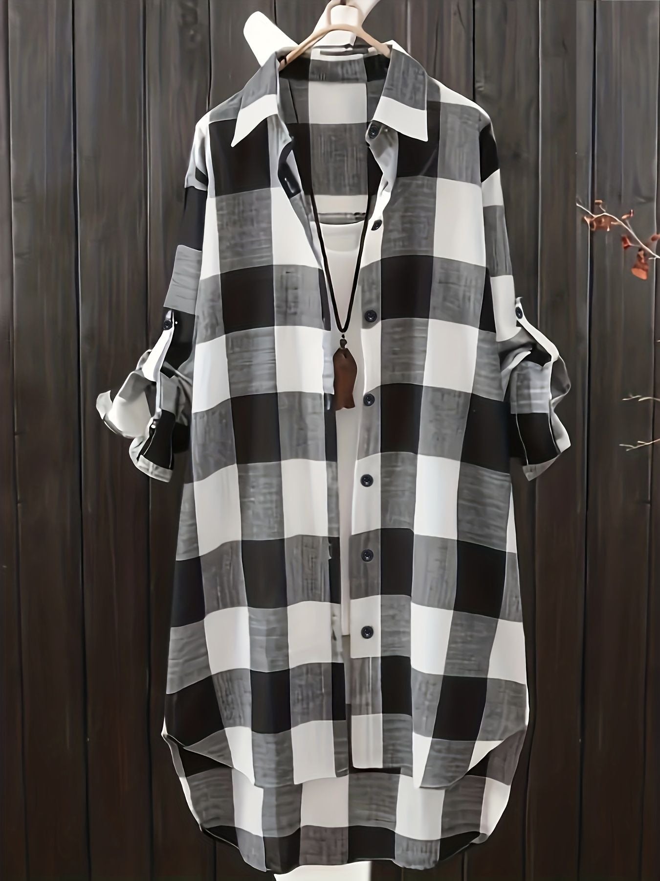 Plus Size Casual Blouse, Women's Plus Gingham Print Button Up Roll Up Sleeve Turn Down Collar Blouse