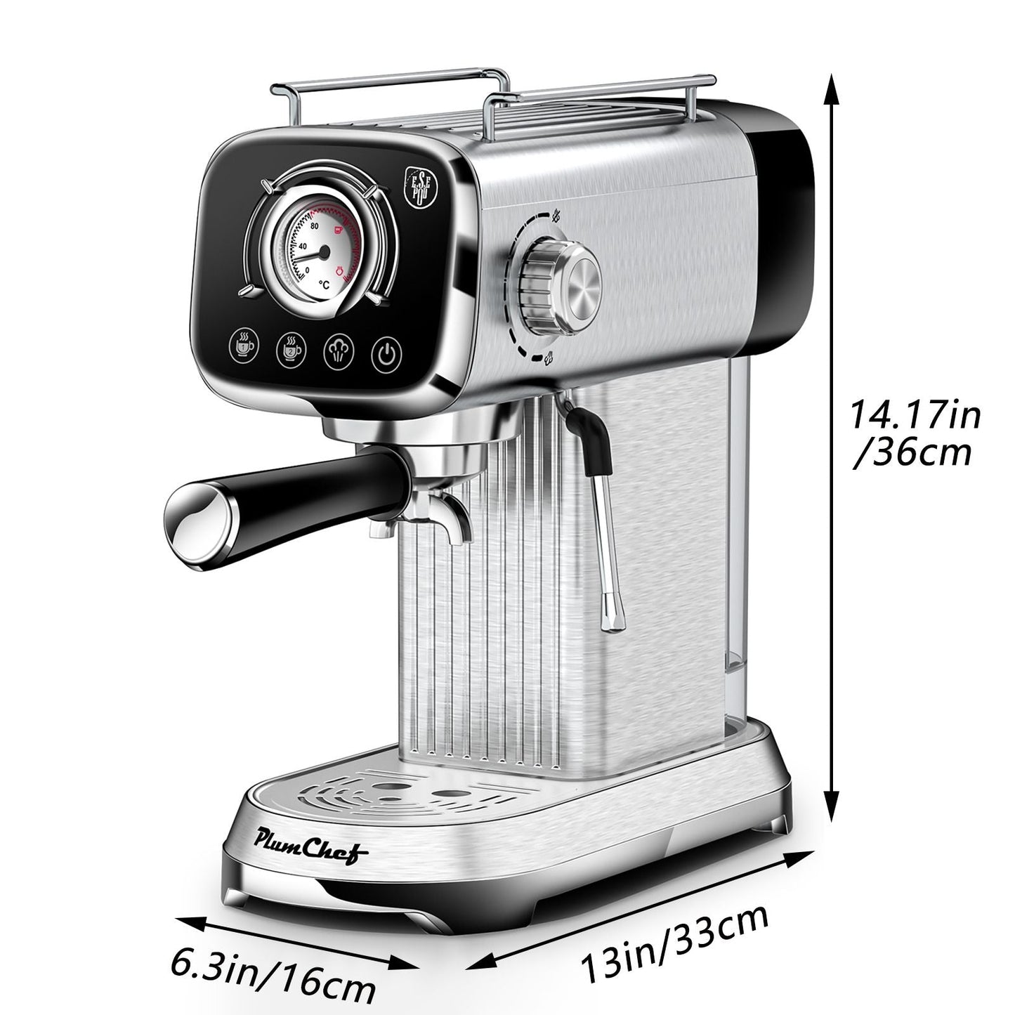PlumChef Espresso Machine 20 Bar Professional Compact Household Coffee Espresso Maker with Milk Frother Steam Wand Temperature Gauge 34oz Water Tank Low Noise Coffee Machine for Latte Cappuccino