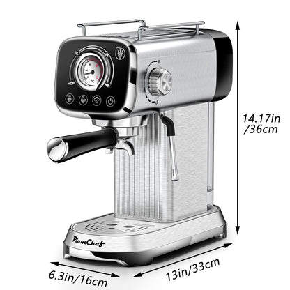 PlumChef Espresso Machine 20 Bar Professional Compact Household Coffee Espresso Maker with Milk Frother Steam Wand Temperature Gauge 34oz Water Tank Low Noise Coffee Machine for Latte Cappuccino