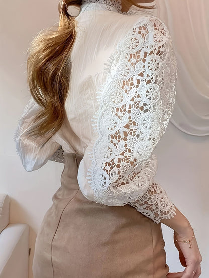Plus Size Elegant Blouse, Women's Plus Solid Contrast Lace Lantern Sleeve Button Up Mock Neck Shirt Top