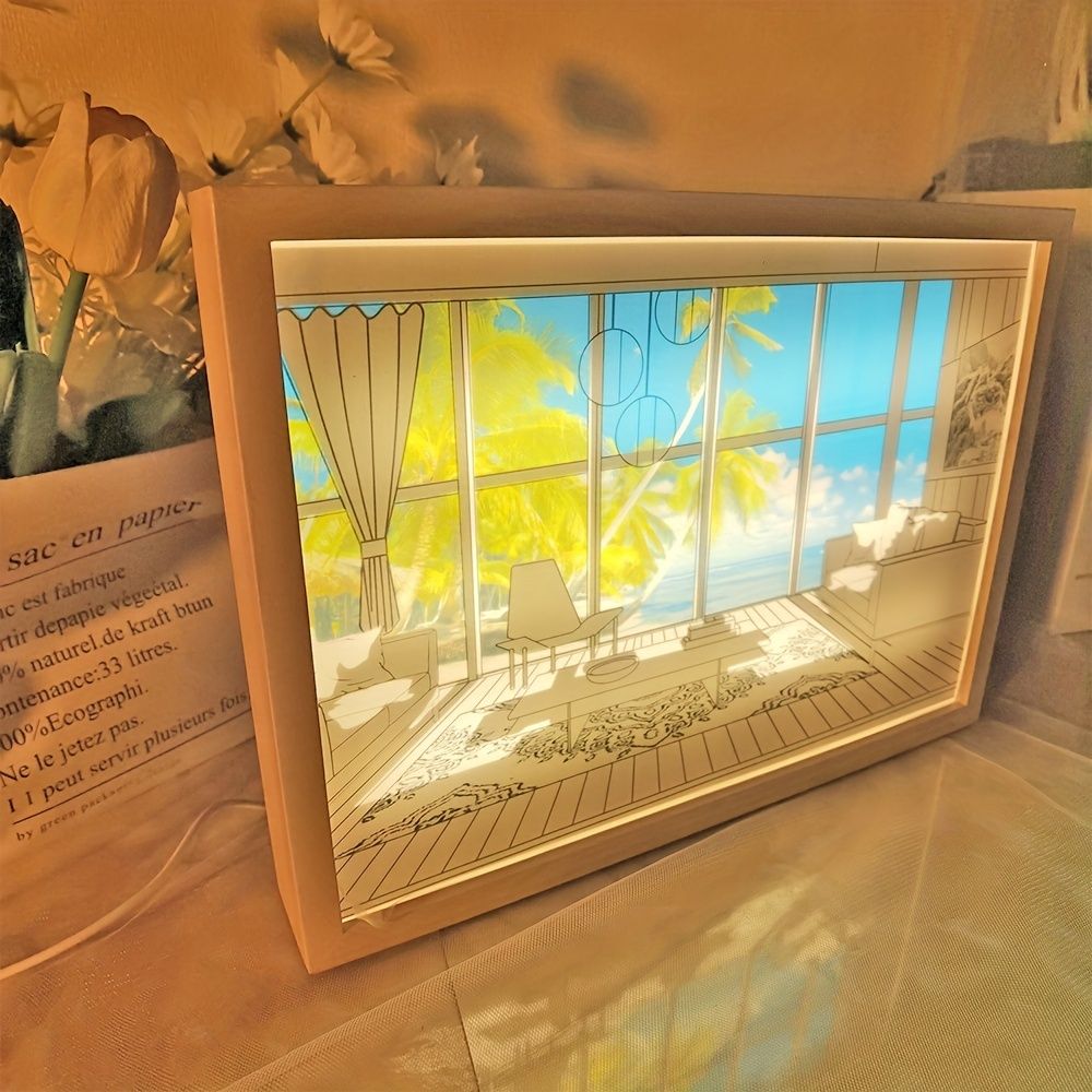 1pc Dimming 3-color Beach Sun Painting Lamp,Sketch Light. Healing Light, Bedside Bedroom Sleeping Lamp, Romantic Birthday Gift,Bedside Table Lamp