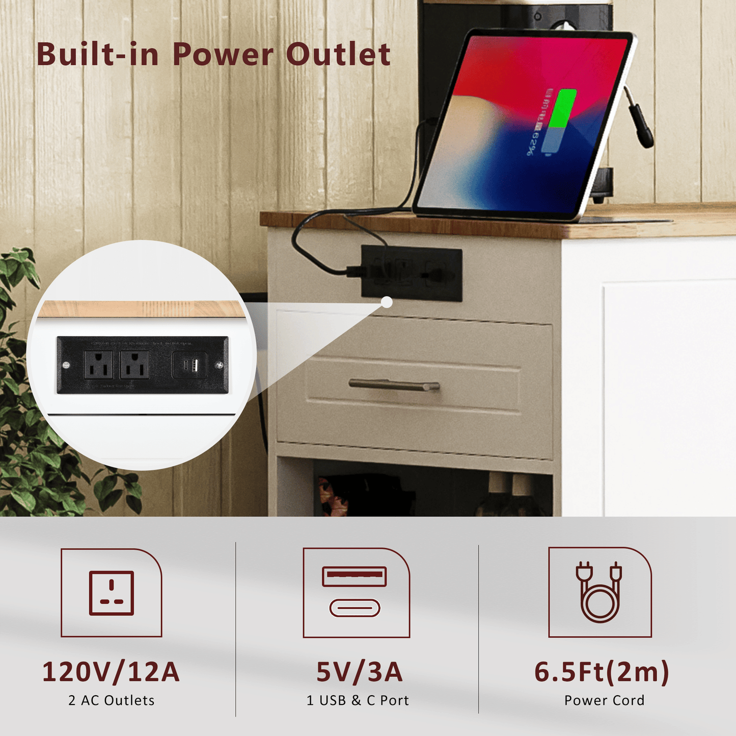 Fluted Kitchen Island with Trash Can Storage Cabinet, Power Outlet, Internal Storage Rack, Rolling Kitchen Islands on 5 Wheels with 3 Drawer, 3 Open Side Racks for 10 Gallon Garbage Bin