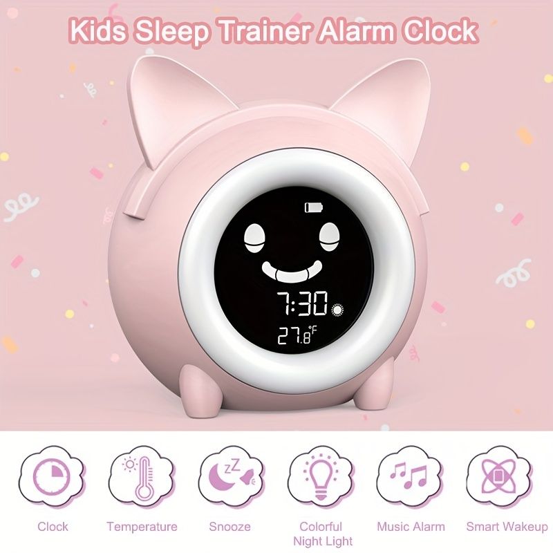 1pc Sleep Training Clock with Night Light, Sound Machine, Nap Timer, Snooze, Indoor Temperature, and Digital Wake Up Clock for Toddlers - Perfect for Boys and Girls Bedroom - Pink/Blue
