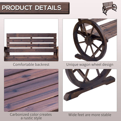 Outsunny Wagon Wheel Bench Rustic 2-Person Outdoor Patio Carbonized Finish with Backrest
