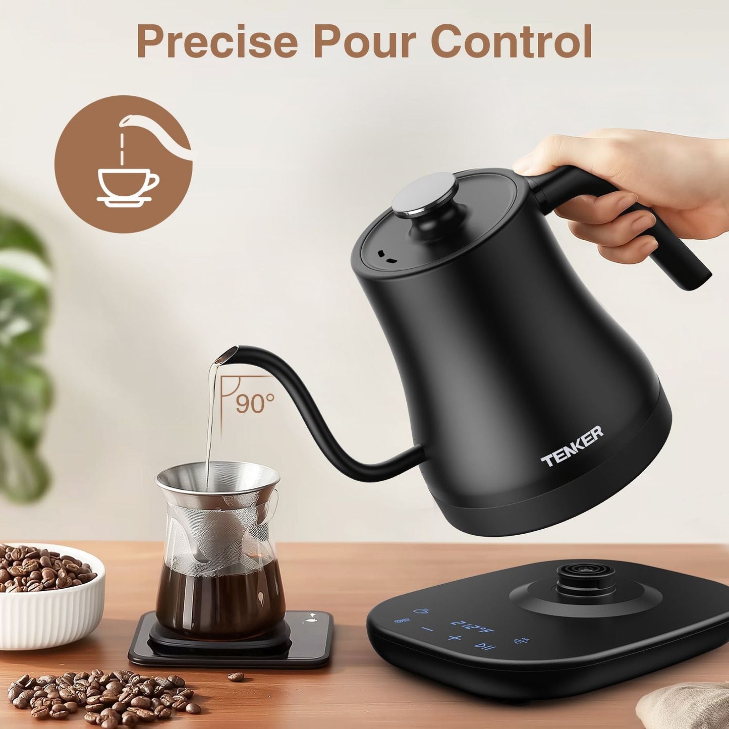 Electric Gooseneck Kettle Temperature Control Pour-Over Tea Kettle for Coffee Brewing;  Stainless Steel Inner;  1300W Rapid Heating;  Temp Holding Matte Black