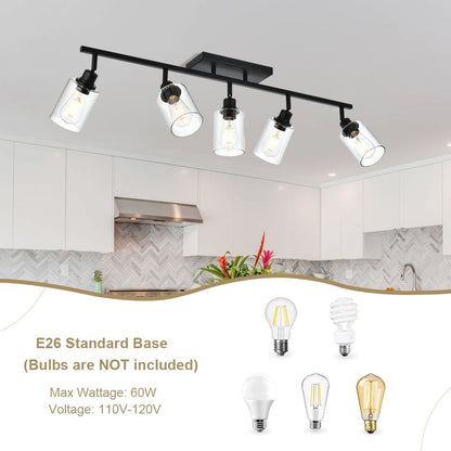 5-Light Vanity Light Bathroom Fixture with Clear Glass Shade Multi-Directional Rotating Metal Ceiling Spotlight Fixture with Adjustable Track Heads