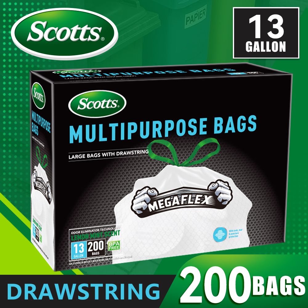 Scotts 200 Bags 13 Gallon Boxed Disposable Non Tear Puncture Tear Resistant Trash Bags, deodorization technology Kitchen Drawstring Garbage Bags, Fresh Clean Scent With Lemon Scent,