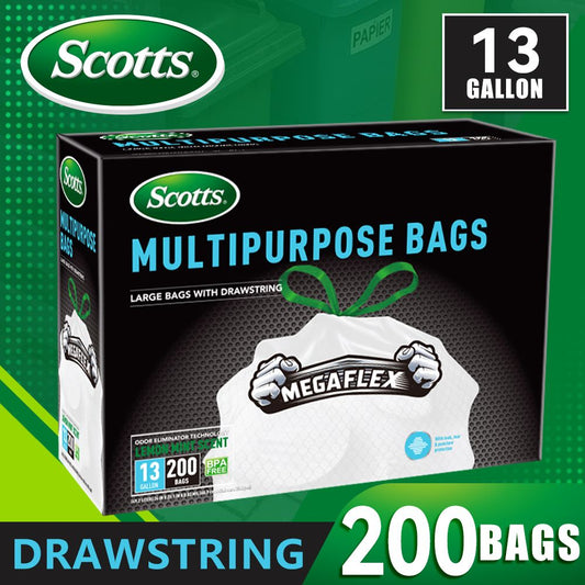 Scotts 200 Bags 13 Gallon Boxed Disposable Non Tear Puncture Tear Resistant Trash Bags, deodorization technology Kitchen Drawstring Garbage Bags, Fresh Clean Scent With Lemon Scent,