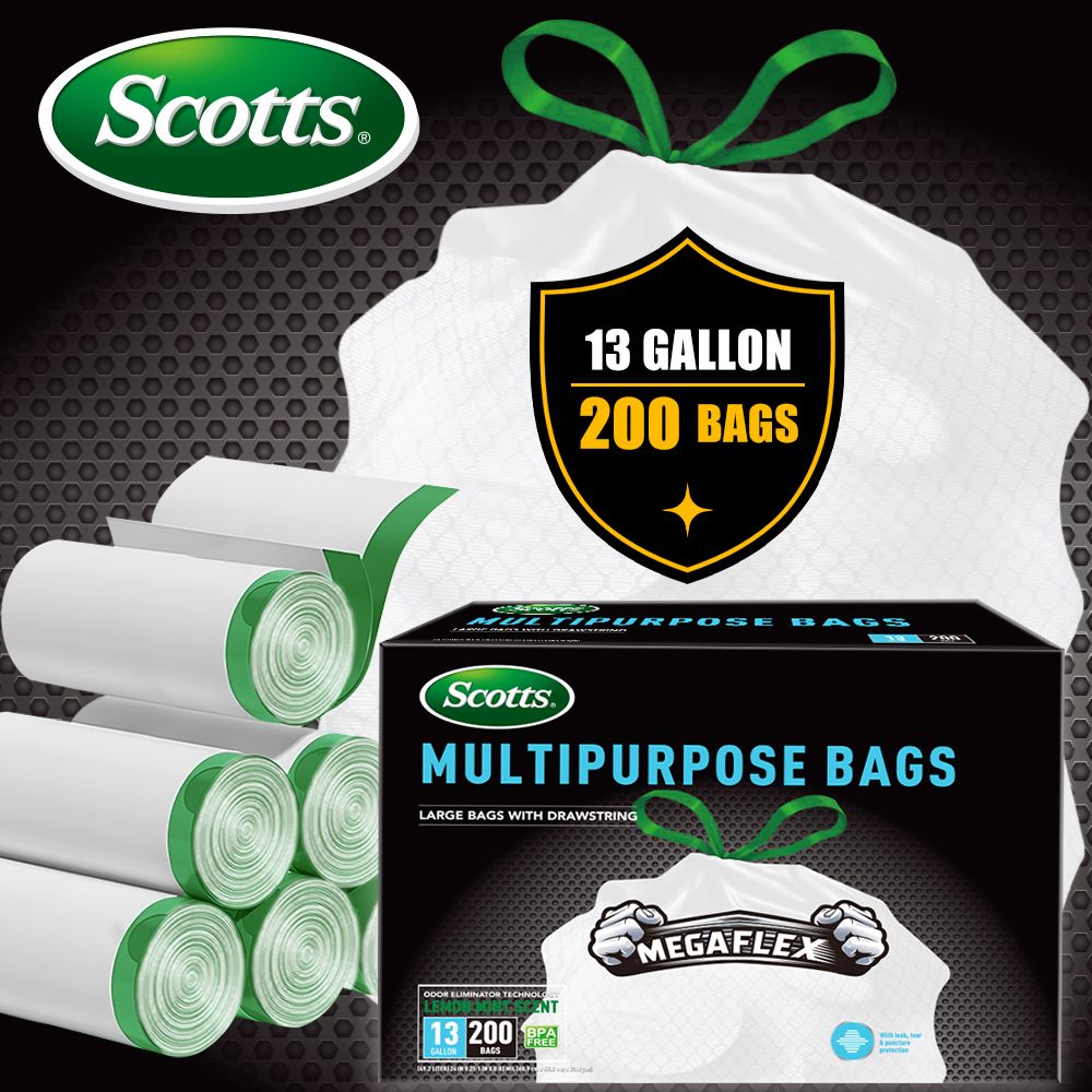 Scotts 200 Bags 13 Gallon Boxed Disposable Non Tear Puncture Tear Resistant Trash Bags, deodorization technology Kitchen Drawstring Garbage Bags, Fresh Clean Scent With Lemon Scent,