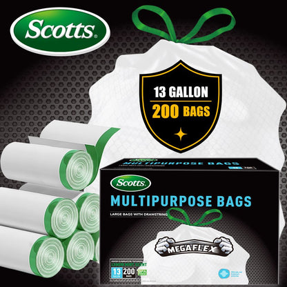 Scotts 200 Bags 13 Gallon Boxed Disposable Non Tear Puncture Tear Resistant Trash Bags, deodorization technology Kitchen Drawstring Garbage Bags, Fresh Clean Scent With Lemon Scent,