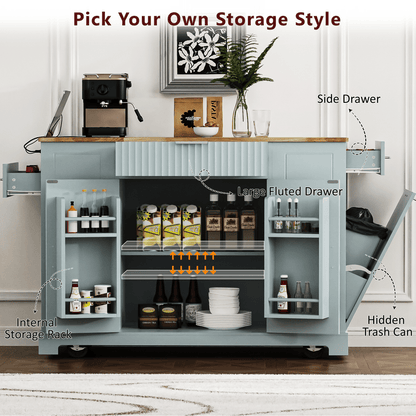 Fluted Kitchen Island with Trash Can Storage Cabinet, Power Outlet, Internal Storage Rack, Rolling Kitchen Islands on 5 Wheels with 3 Drawer, 3 Open Side Racks for 10 Gallon Garbage Bin