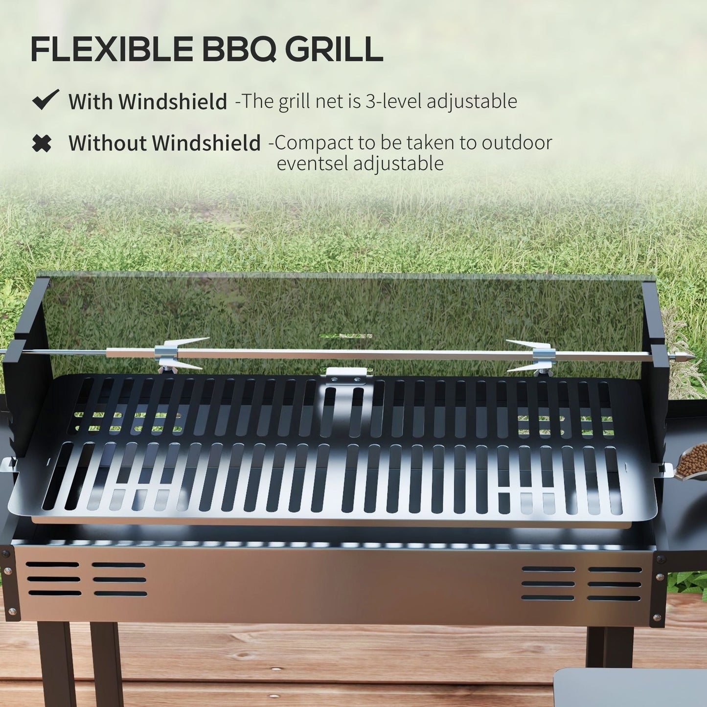 Outsunny BBQ Rotisserie Charcoal Grill for Chicken Turkey with 3-Level Grate Storage Shelves Stainless Steel