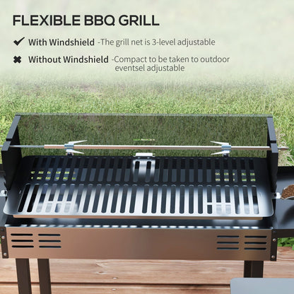 Outsunny BBQ Rotisserie Charcoal Grill for Chicken Turkey with 3-Level Grate Storage Shelves Stainless Steel