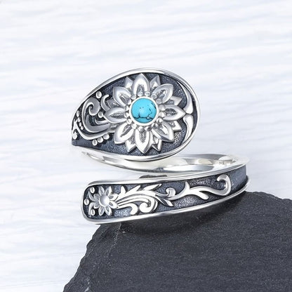 Sunflower Ring with Turquoise Inlay-Handmade Wedding Band, Boho Chic Jewelry Gift for Women