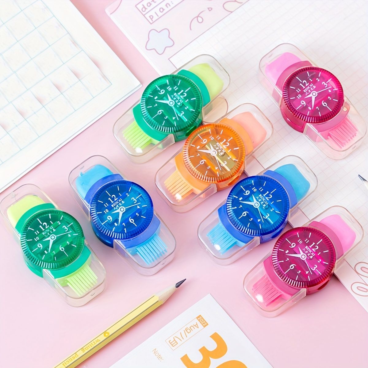4pcs Creative Watch Shape Pencil Sharpener With Eraser Cleaning Brush 3 In 1 Multifunctional Student Stationery