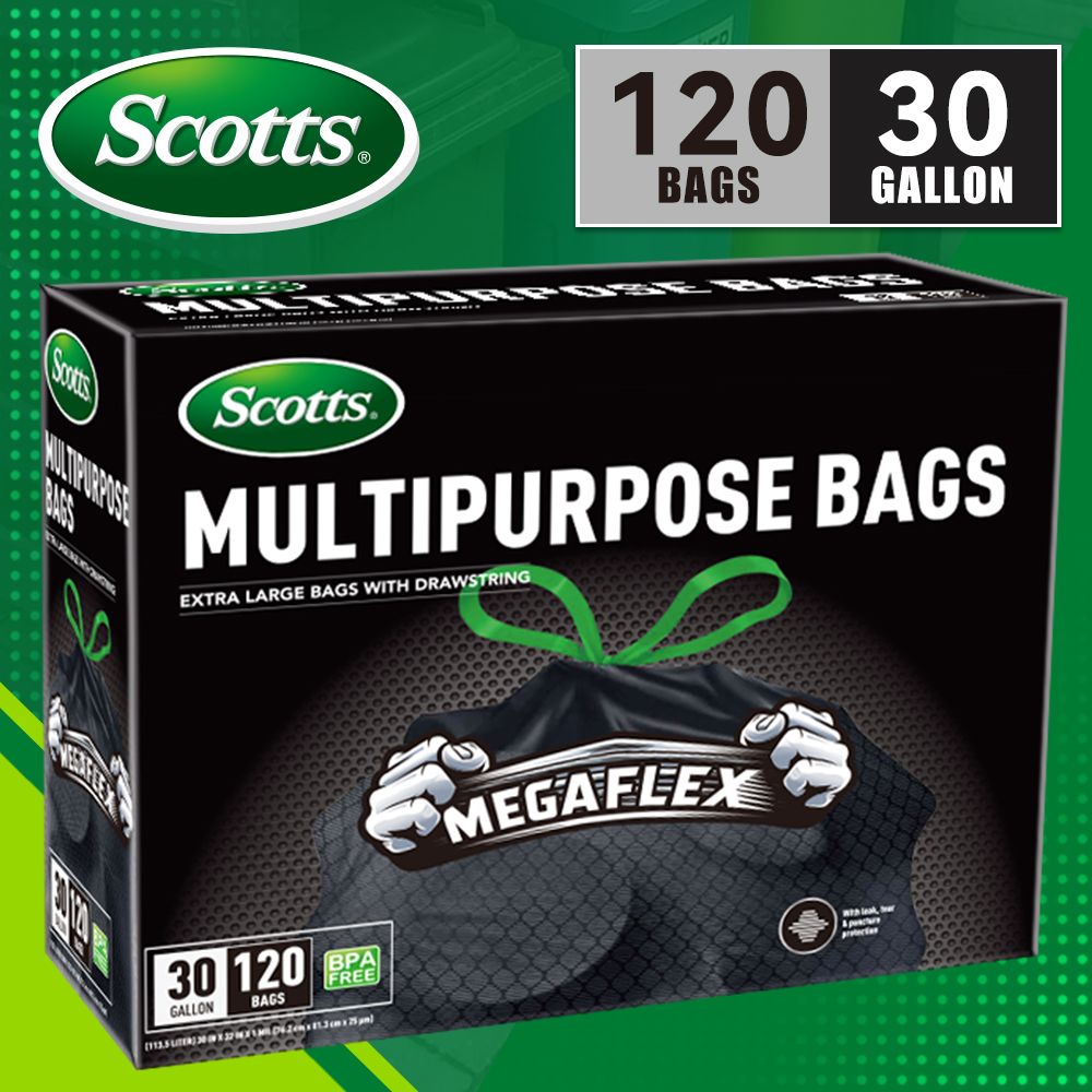 Scotts 120 Bags 30 Gallon Box Disposable Non-Rip Black Large Drawstring Garbage Bags, Suitable for Large Kitchen Garbage Cans, Super Strong 113.5L , Garden, Home, Commercial Multi-purpose Trash Bag