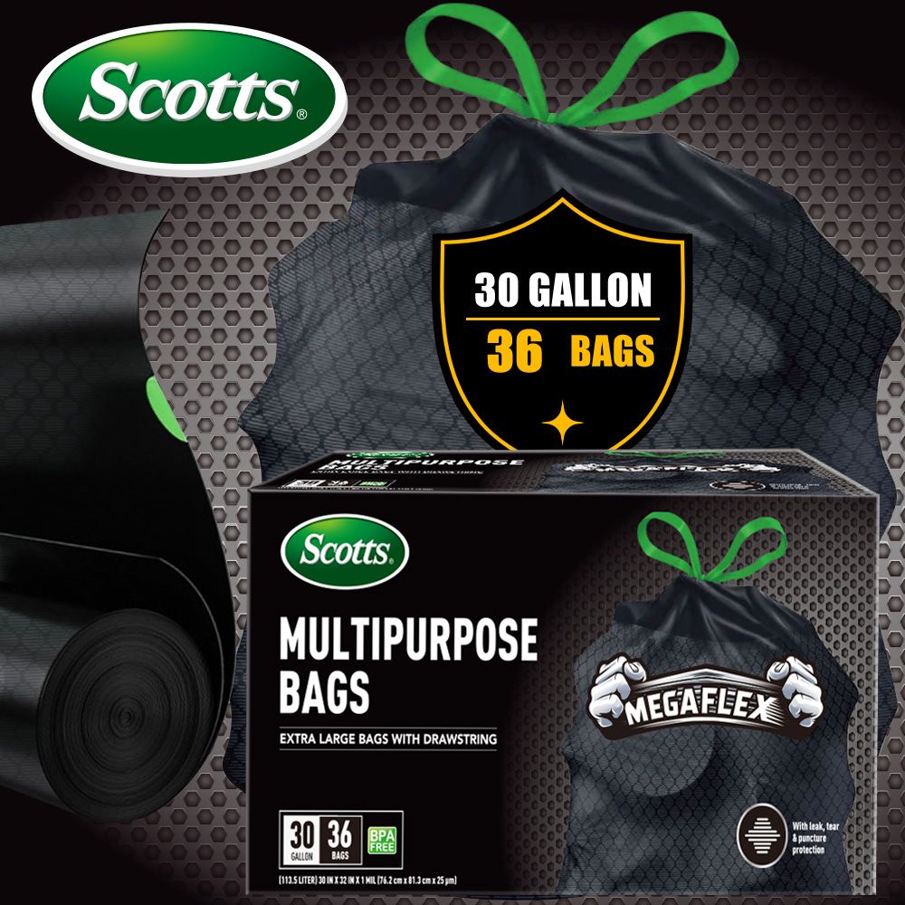 Scotts 36 Bags 30 Gallon Box Disposable Non-Rip Black Large Drawstring Garbage Bags, Suitable for Large Kitchen Garbage Cans, Super Strong 113.5L, Home, Commercial Multi-purpose Trash Bag - Durable,