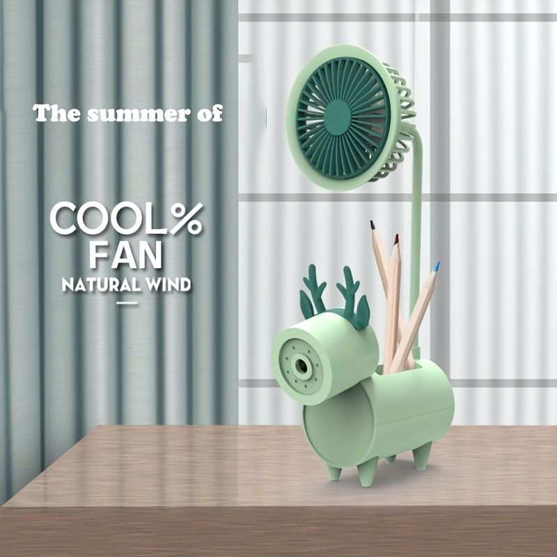 Cute Cartoon USB Fans With Pen Holder Pencil Sharpener; Rechargeable Fan For Children Business Gift