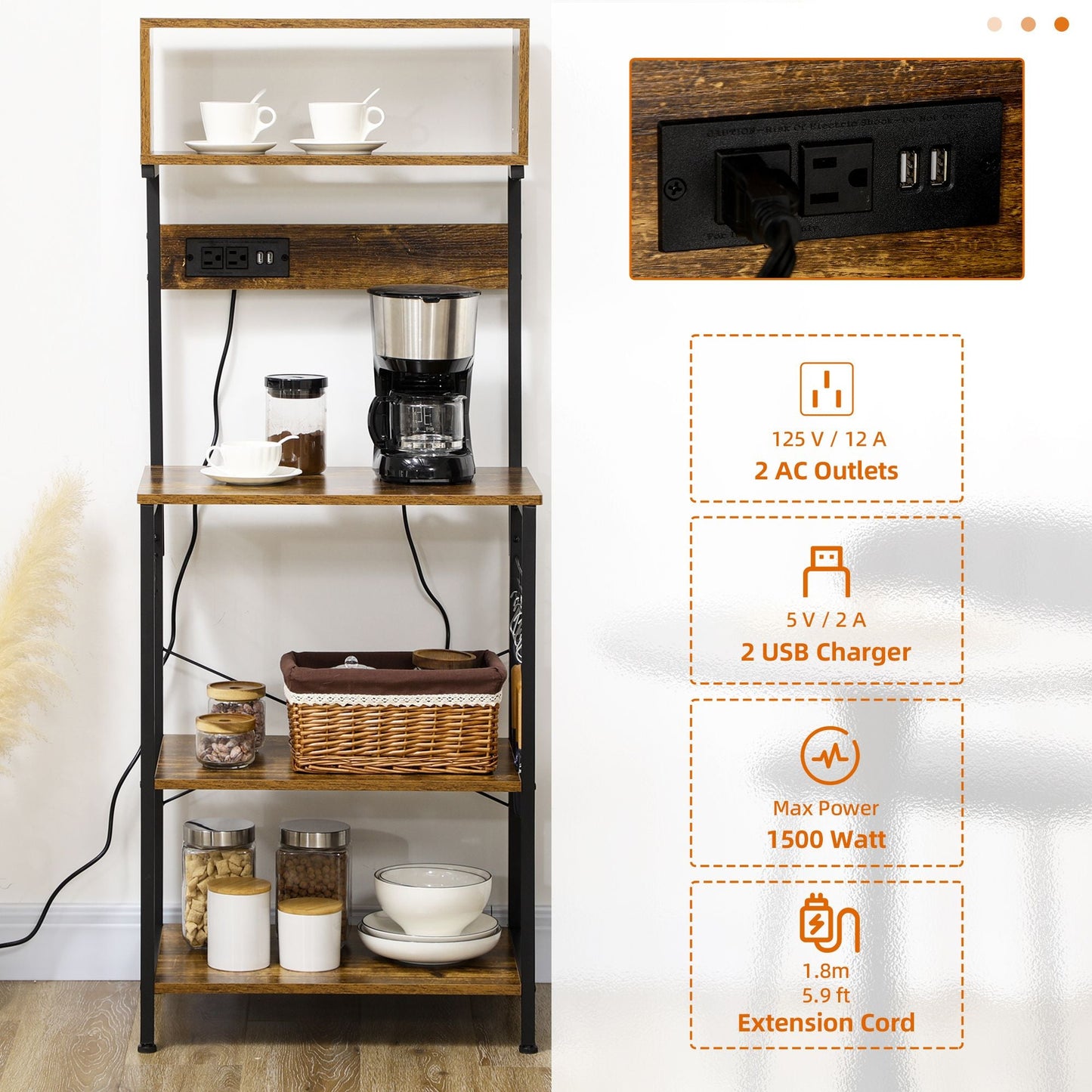 HOMCOM Baker's Rack with Power Outlet, USB Charging, Microwave Stand, Coffee Bar & Adjustable Shelves
