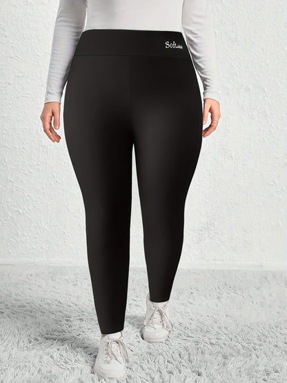 Plus Size Casual Leggings, Women's Plus Letter Print Liner Fleece High Rise Slight Stretch Leggings