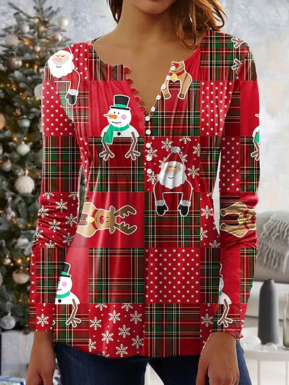 Plus Size Christmas Blouse, Women's Plus Colorblock Santa Claus & Snowman Print Long Sleeve Notched Neck Slight Stretch Henley Shirt