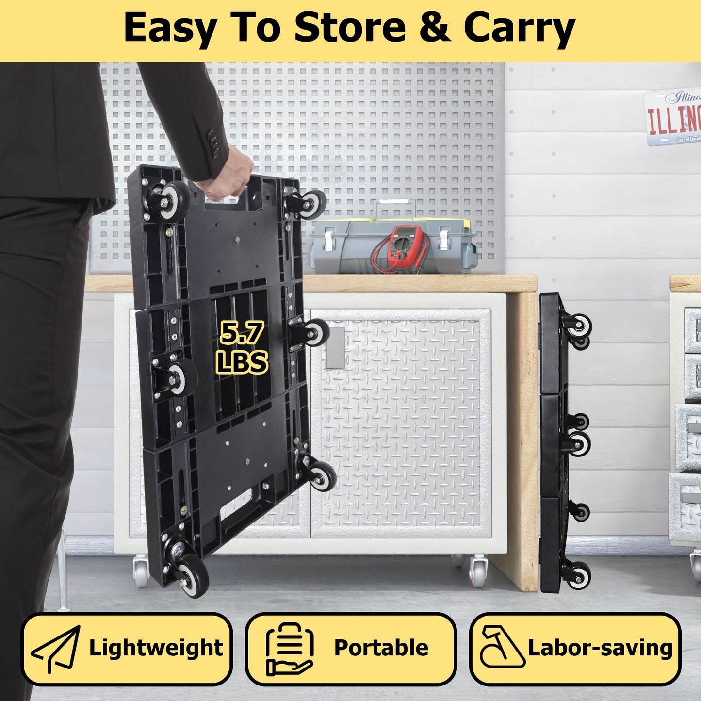 Folding Hand Truck 330lbs, Portable Heavy Duty Dolly Cart, 6 Wheels Collapsible Luggage Cart with 1 Elastic Ropes - Compact Trolley Cart for Easy Moving