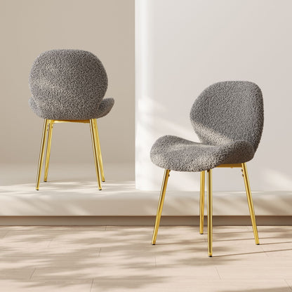Modern minimalist white teddy velvet Dining Chairs Set of 2 with sturdy gold metal legs and comfortable backrest design, suitable for restaurants, kitchens, and offices.
