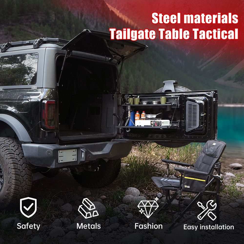 Tailgate Table Molle Panel for Ford Bronco 2021-2024 2-Tier Foldable Rear Storage Cargo Rack Shelf Camping Desk