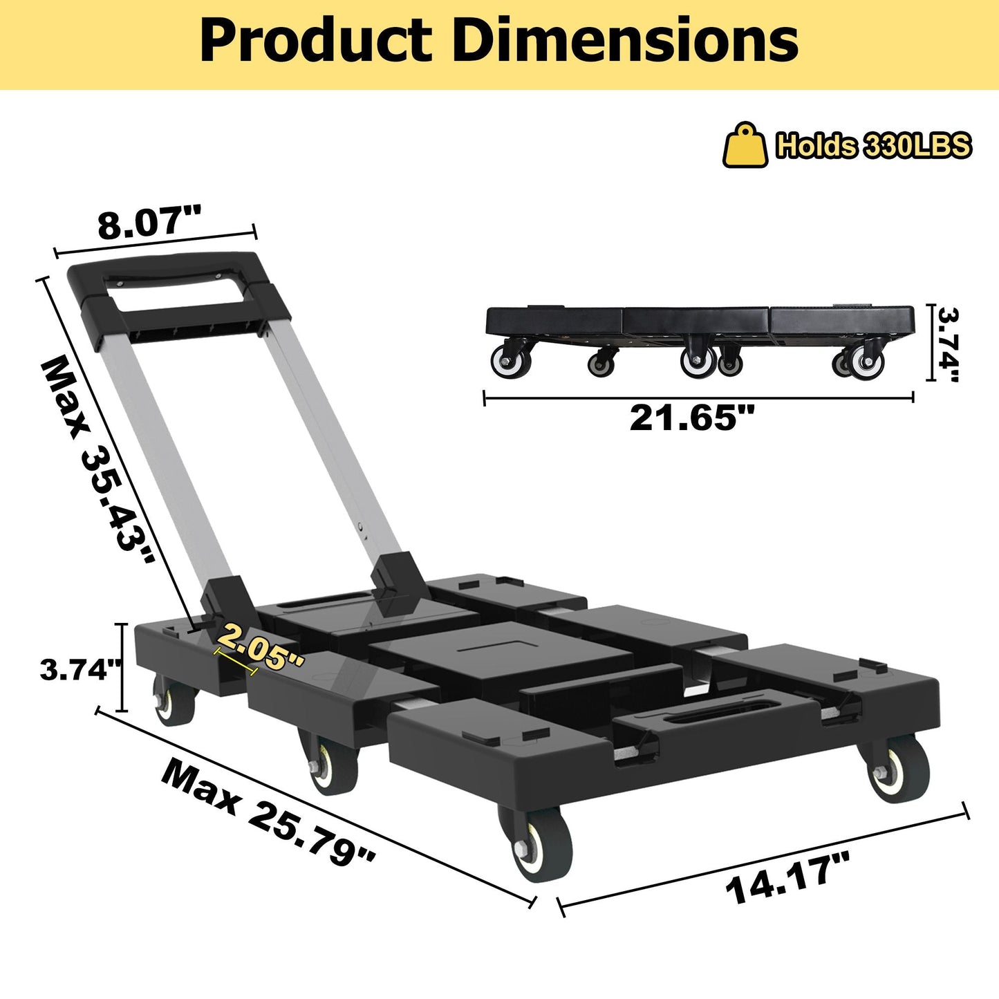 Folding Hand Truck 330lbs, Portable Heavy Duty Dolly Cart, 6 Wheels Collapsible Luggage Cart with 1 Elastic Ropes - Compact Trolley Cart for Easy Moving
