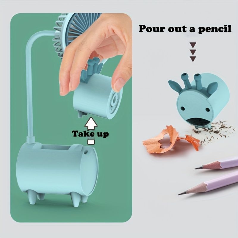 Cute Cartoon USB Fans With Pen Holder Pencil Sharpener; Rechargeable Fan For Children Business Gift
