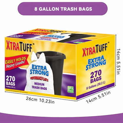 Boxed Disposable Garbage Bag 270 Pieces Puncture Tear Resistant Trash Bags, 8 Gallon Capacity, Kitchen Drawstring Garbage Bags Fresh Clean Scent With Lemon Mint Scent