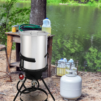 30QT Propane Turkey Fryer Set Silver Aluminum Pot with Black Round Iron Stand Outdoor Gas Deep Fryer Kit for Frying Turkey Seafood and Boiling Crawfish Backyard Cooking Equipment