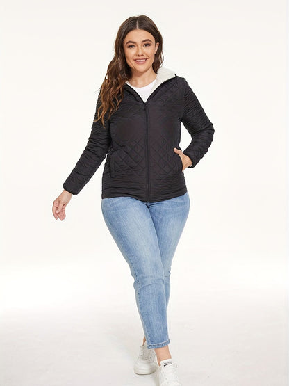 Slant Pockets Thermal Hooded Jacket, Casual Solid Long Sleeve Jacket For Fall & Winter, Women's Clothing