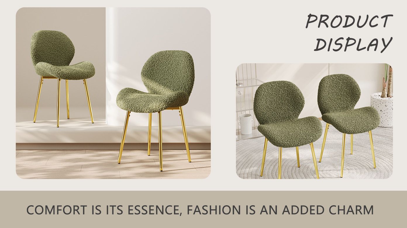 Modern minimalist white teddy velvet Dining Chairs Set of 2 with sturdy gold metal legs and comfortable backrest design, suitable for restaurants, kitchens, and offices.