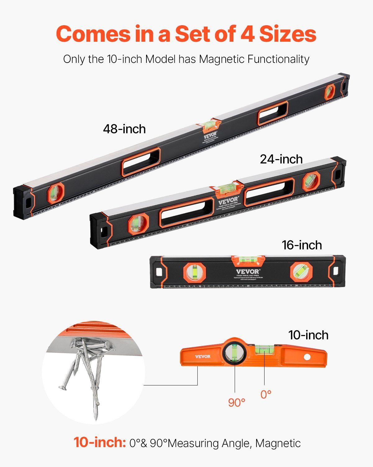 VEVOR 4-Piece Torpedo Level, 48/24/16/10 Inch Box Levels Set, Fluorescent Light Up Bubble Vials Ruler for 45/90/180 Degree, Aluminum Alloy Magnetic Leveler Tool, Shock-Proof
