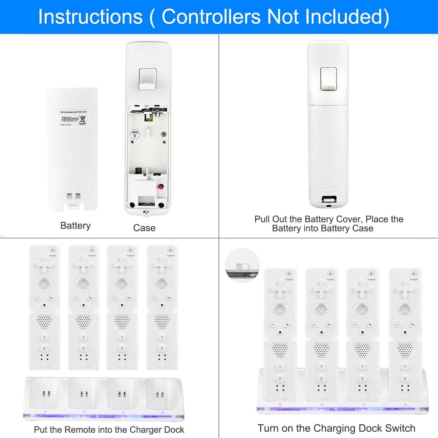 4 Remotes Charging Dock Game Controller Charger 2800mAh Rechargeable Battery Charging Stations w/ LED Indicator for Wii Nintendo
