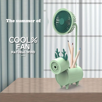 Cute Cartoon USB Fans With Pen Holder Pencil Sharpener; Rechargeable Fan For Children Business Gift