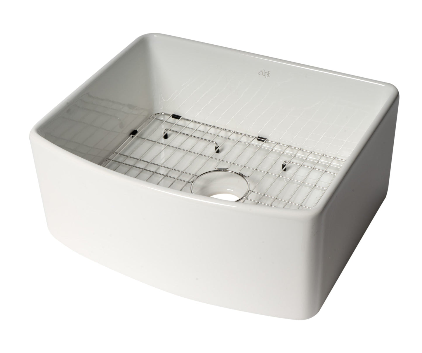 ALFI brand ABFC2420 ABFC2420-W White Smooth Curved Apron 24" x 20" Single Bowl Fireclay Farm Sink with Grid