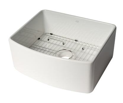 ALFI brand ABFC2420 ABFC2420-W White Smooth Curved Apron 24" x 20" Single Bowl Fireclay Farm Sink with Grid