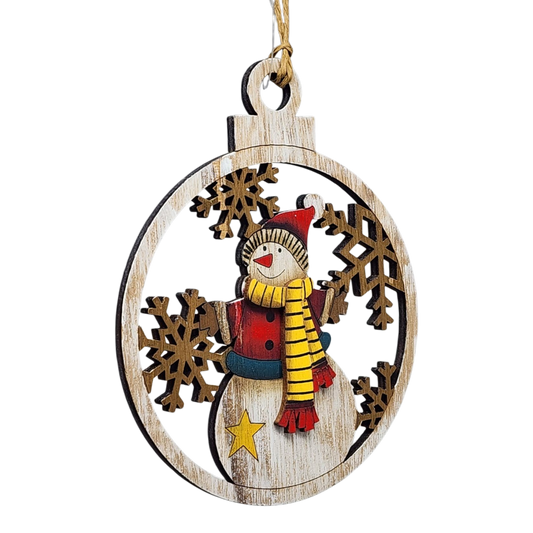 Wooden Ornament - Snowman with Striped Scarf