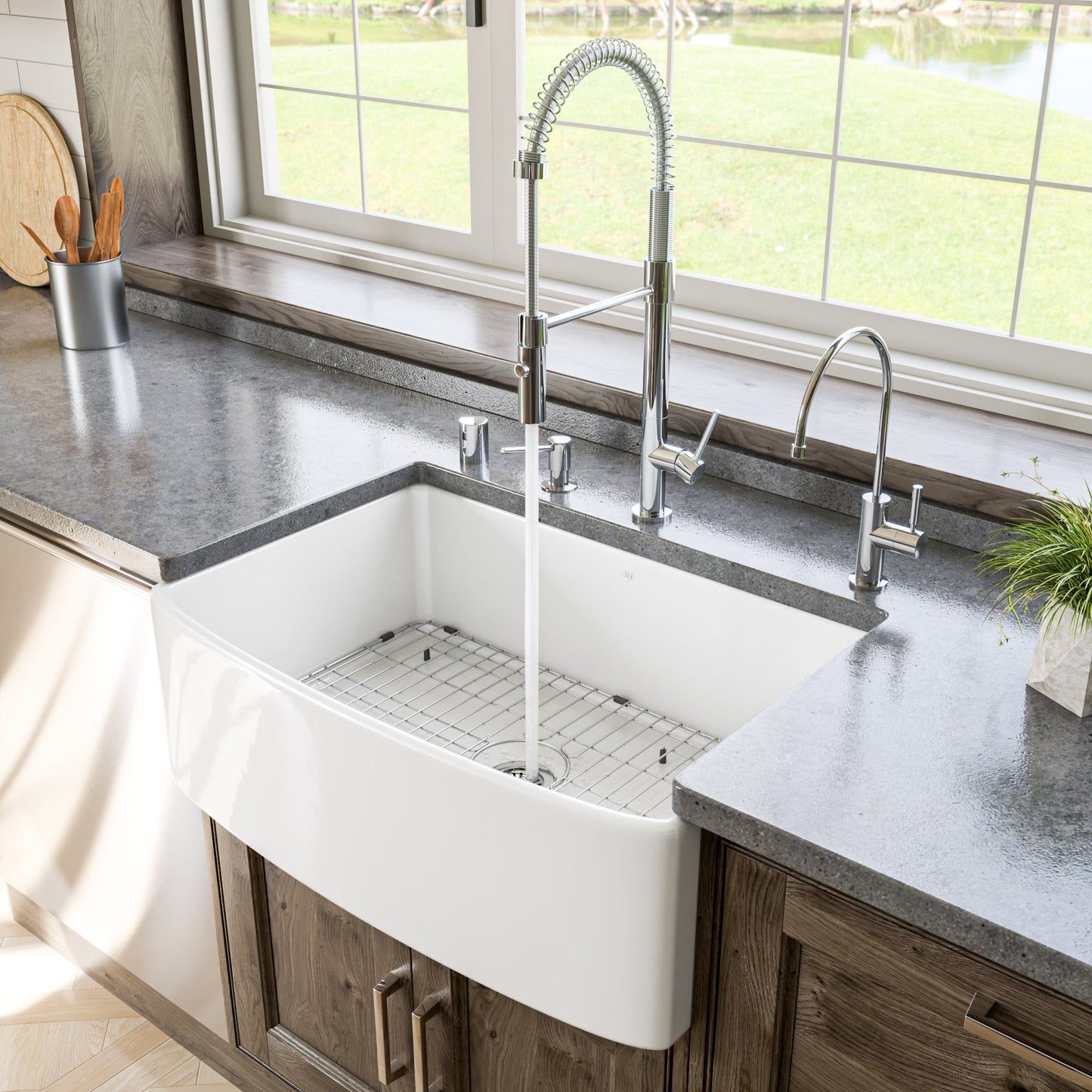 ALFI brand ABFC3020 ABFC3020-W White Smooth Curved Apron 30" x 20" Single Bowl Fireclay Farm Sink with Grid