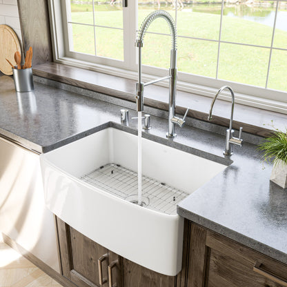 ALFI brand ABFC3020 ABFC3020-W White Smooth Curved Apron 30" x 20" Single Bowl Fireclay Farm Sink with Grid