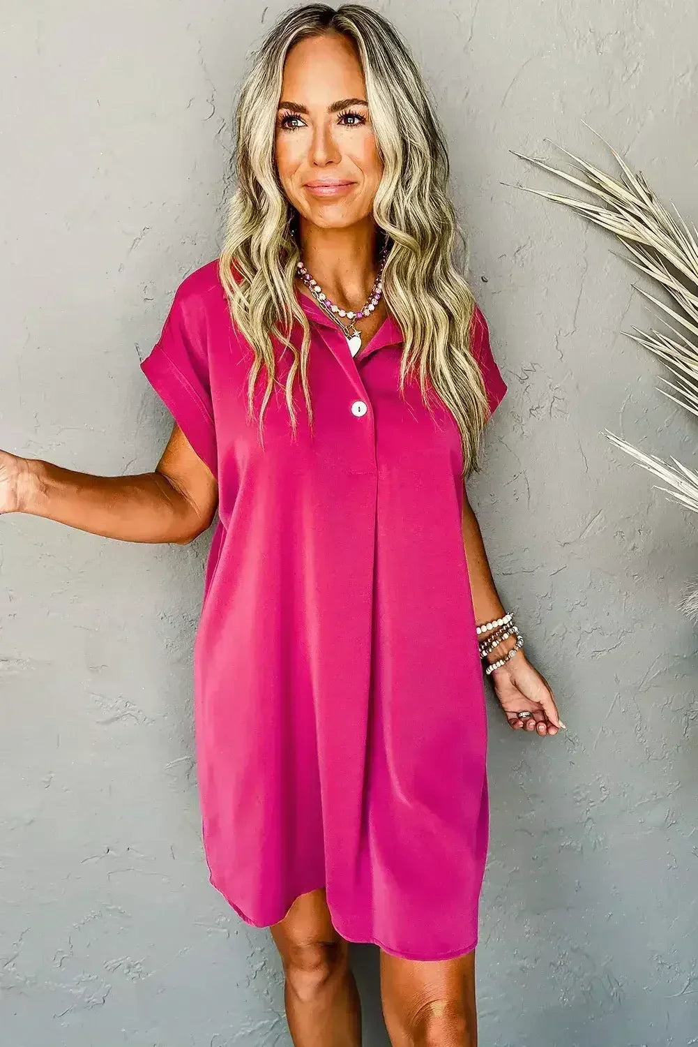 Rose Red Buttoned Collar Shift T Shirt Dress