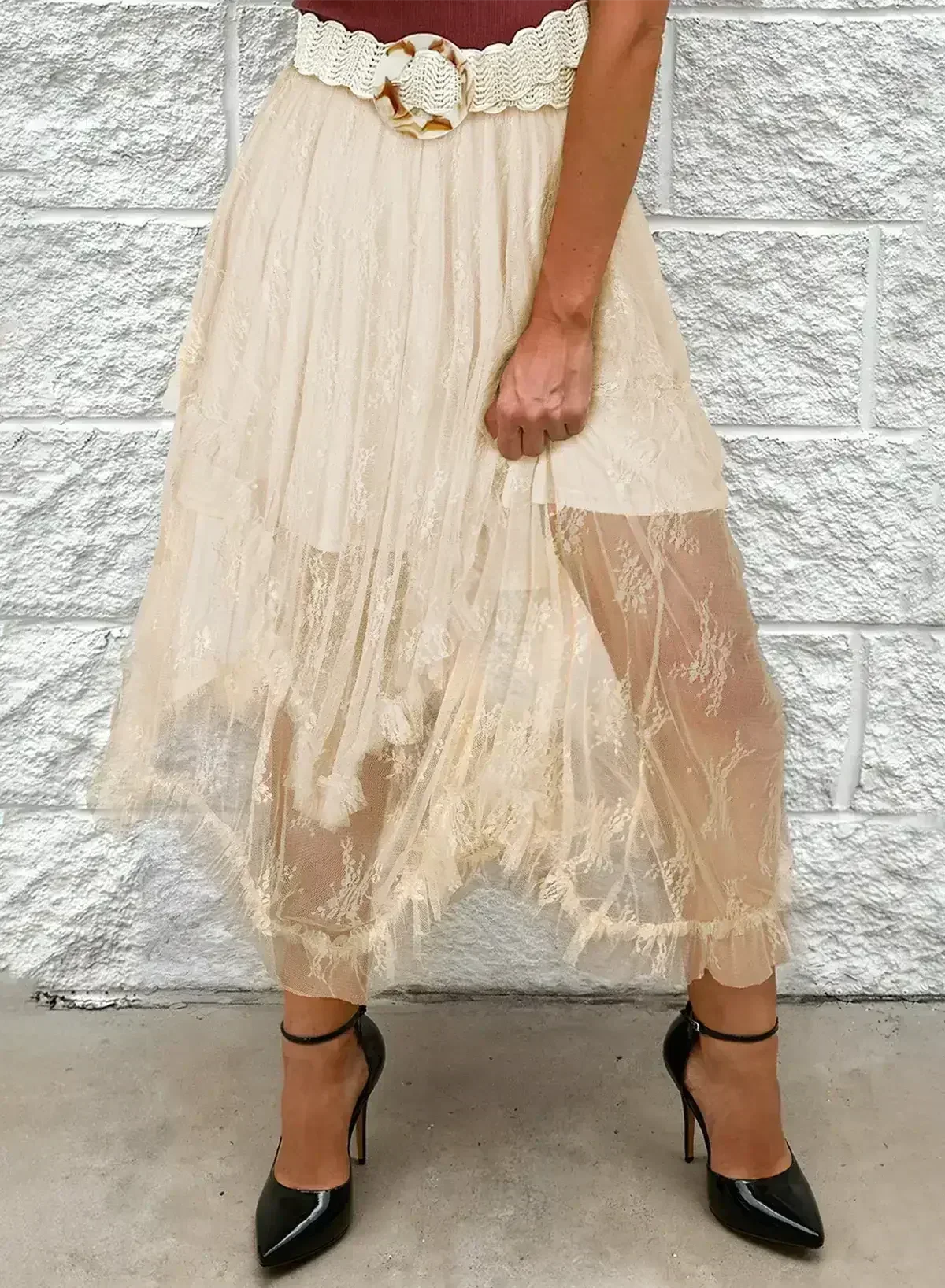 Beige Lace Cascading Tiered High Waist Maxi Skirt