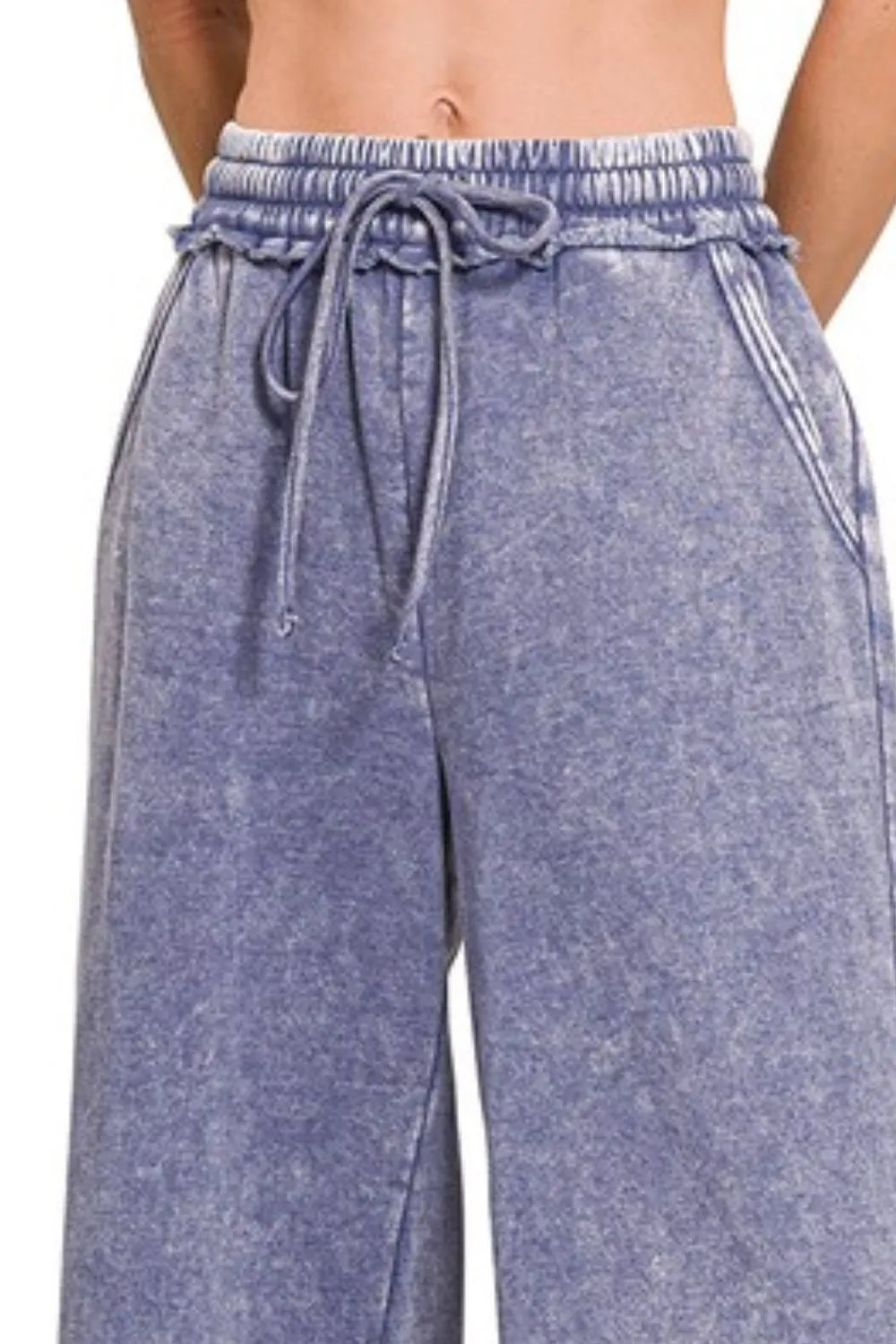 Zenana Acid Wash Fleece Palazzo Sweatpants with Pockets in Marlin