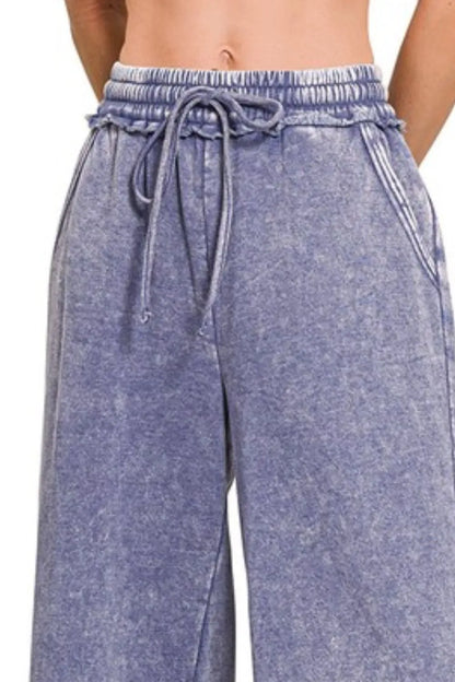Zenana Acid Wash Fleece Palazzo Sweatpants with Pockets in Marlin