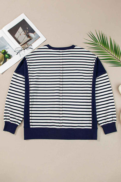 White Stripe Patchwork Exposed Seam Loose Fit Women's Sweatshirt